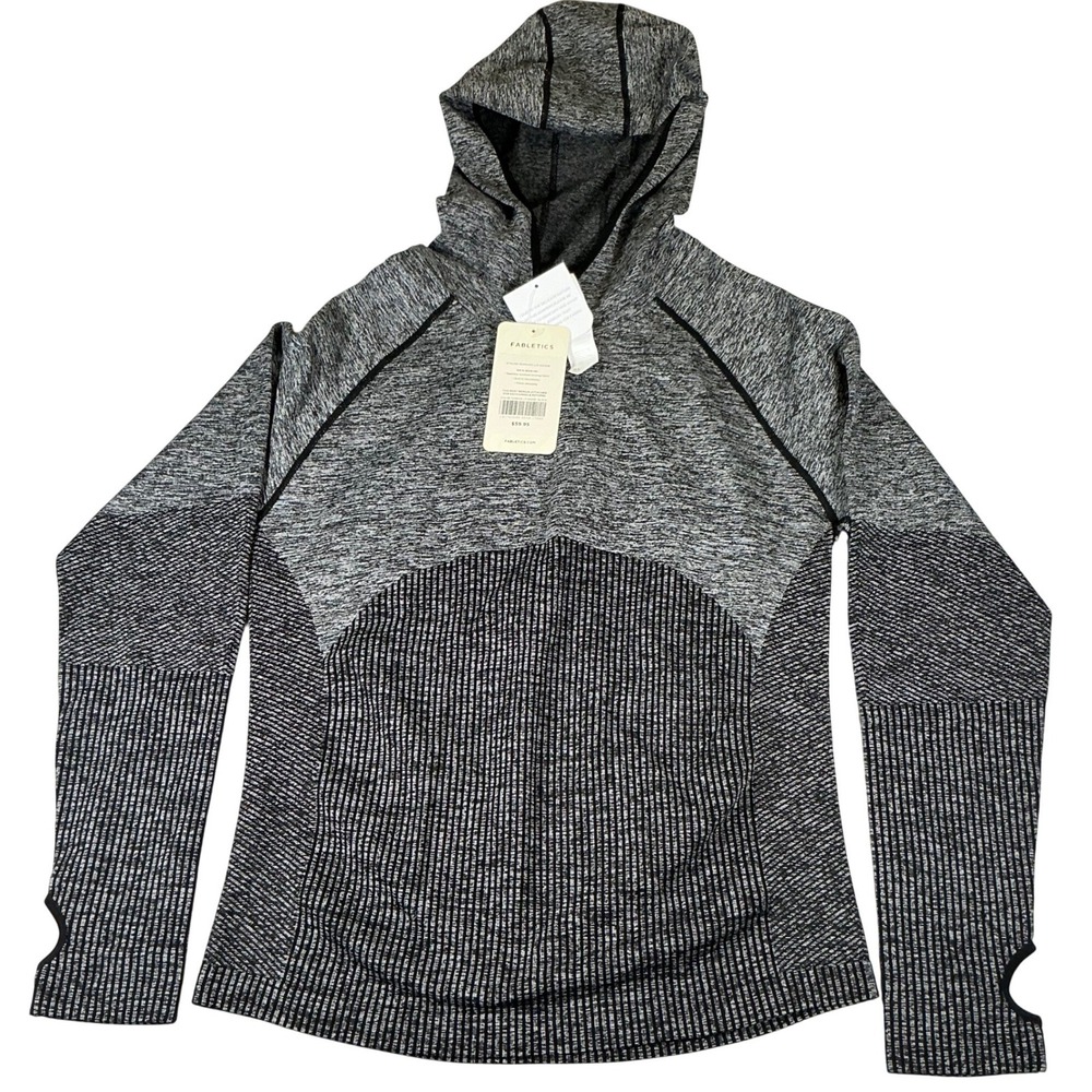 Fabletics Avaline Seamless Hoodie XL Gray Black‎ Thumbhole Activewear NWT